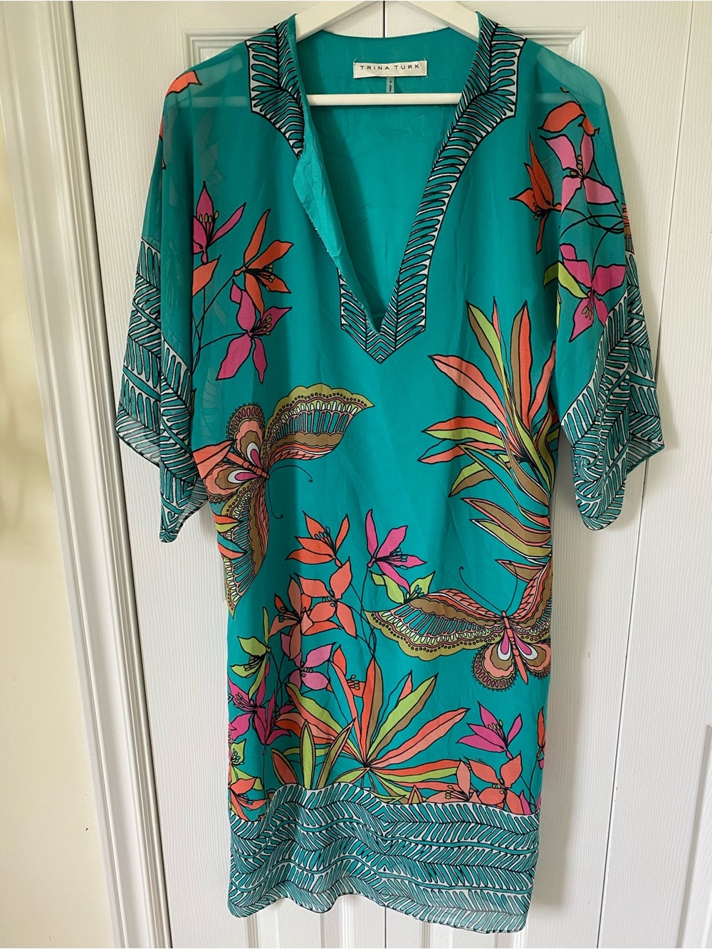 Trina Turk Caftan Dress Imperfect Teal Tropical Floral Caftan lined Size 4